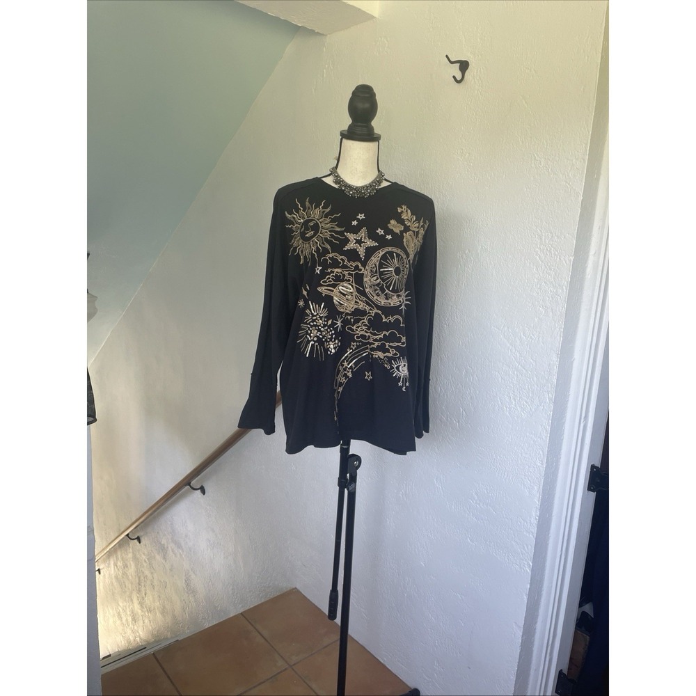 NWT Johnny Was Long Sleeve Dolman Tee Miaora Black PXL Moon Celestial Embroidery - Picture 3 of 9